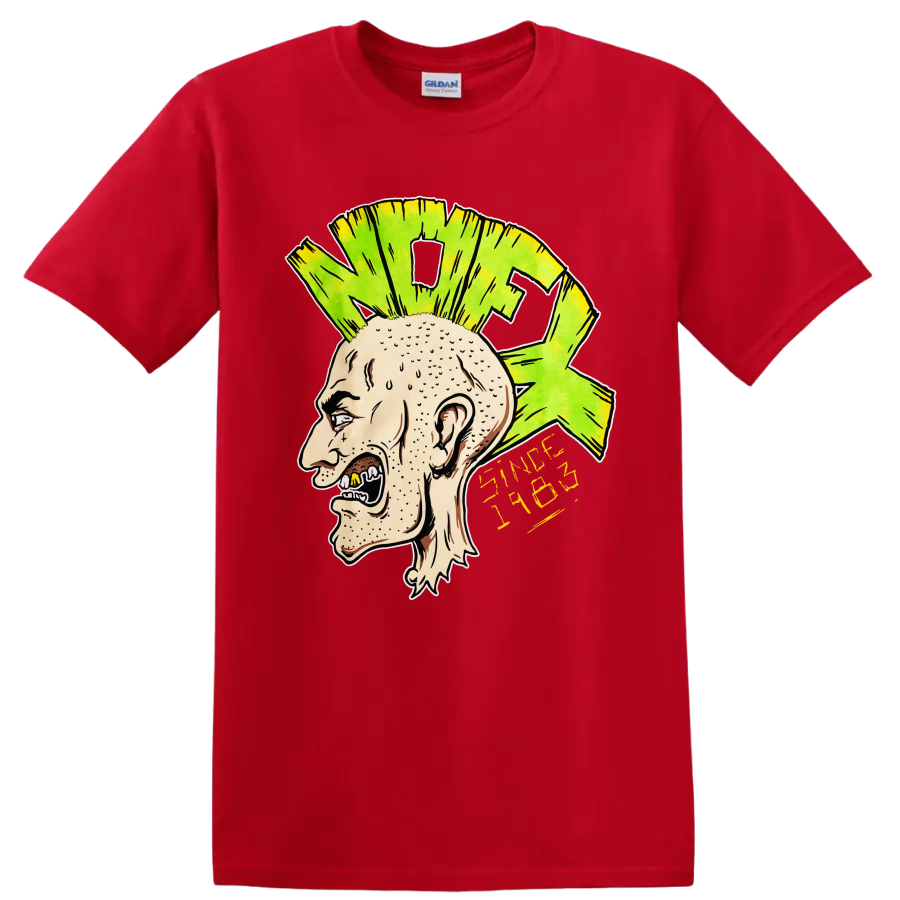 NOFX punk rock illustrated head with bright green mohawk and yellow lettering on a Red T Shirt