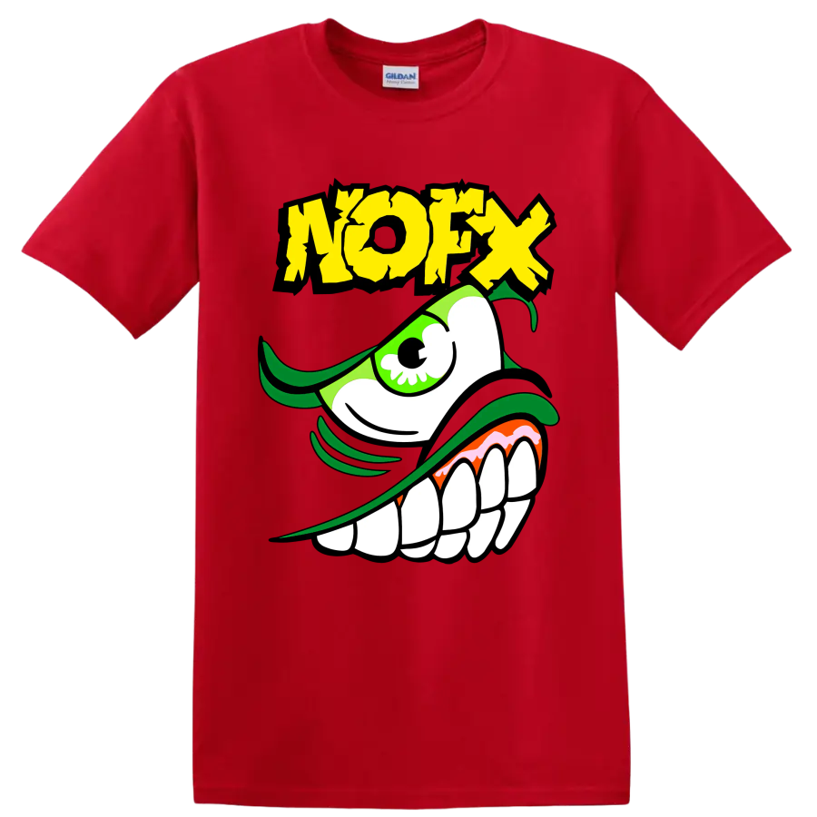 NOFX green monster punk rock graphic with distressed yellow lettering on a Red T Shirt