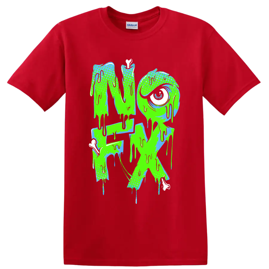 NOFX dripping punk rock band logo in neon green and blue on a Red T Shirt