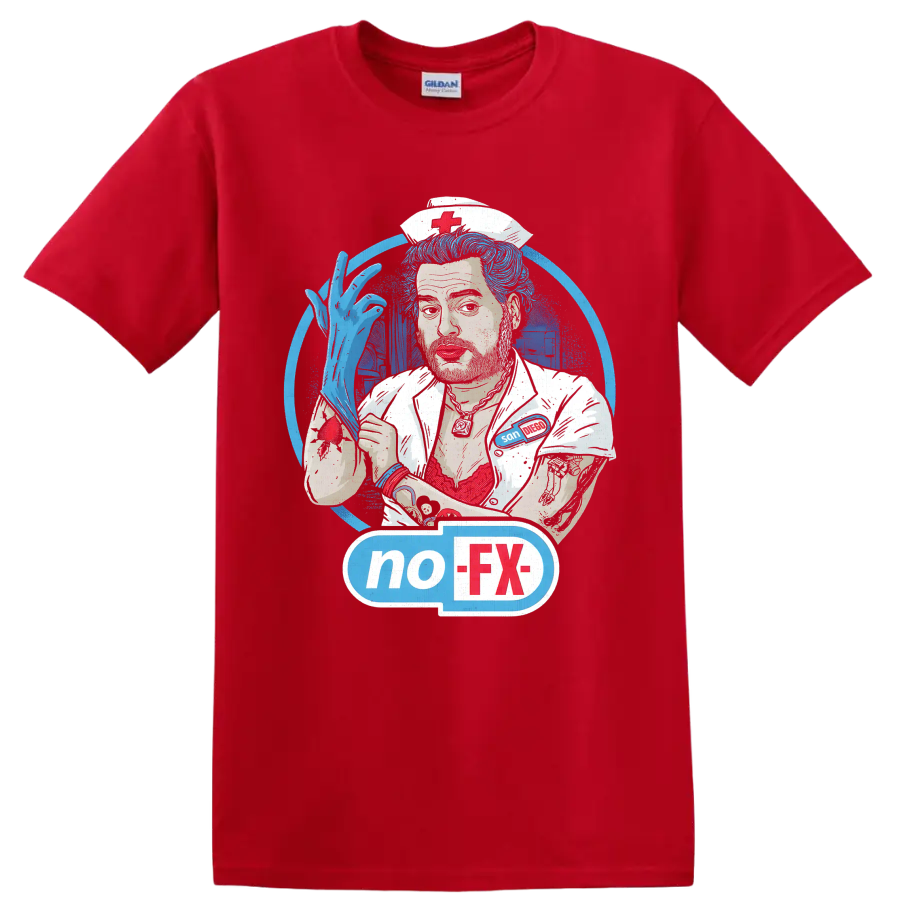 NOFX punk rock nurse illustration with blue hair and no-FX graphic on a Red T Shirt