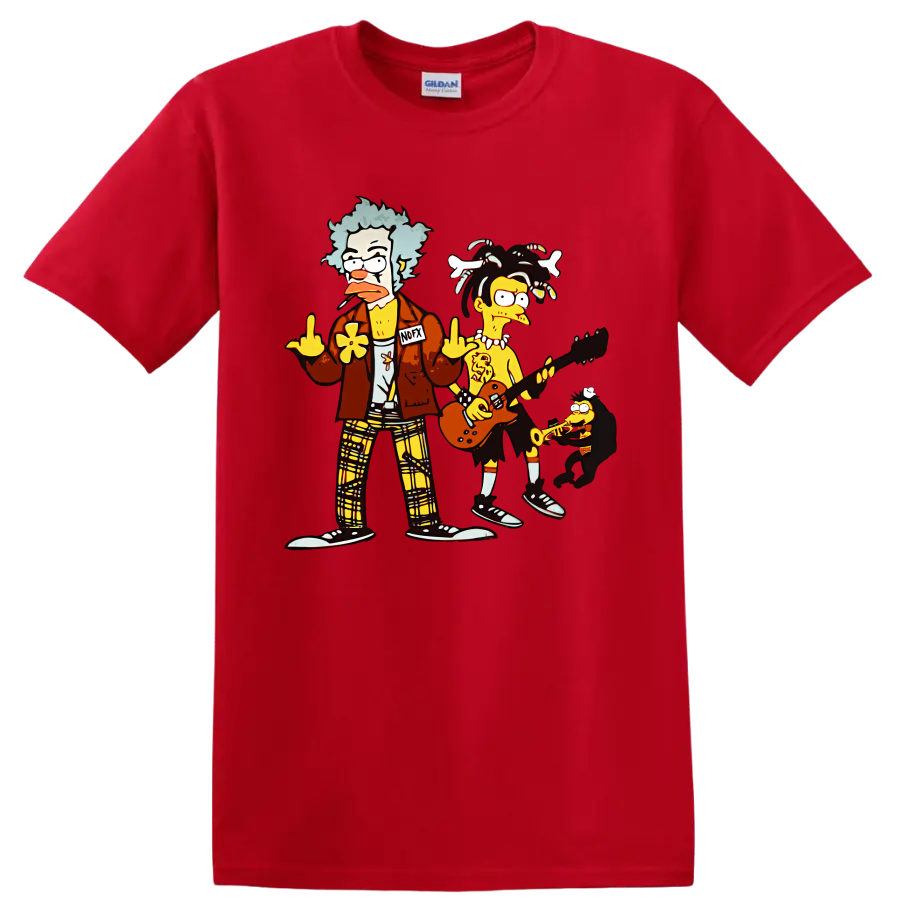 NOFX cartoon punk rock band with guitar and saxophone graphic on a Red T Shirt