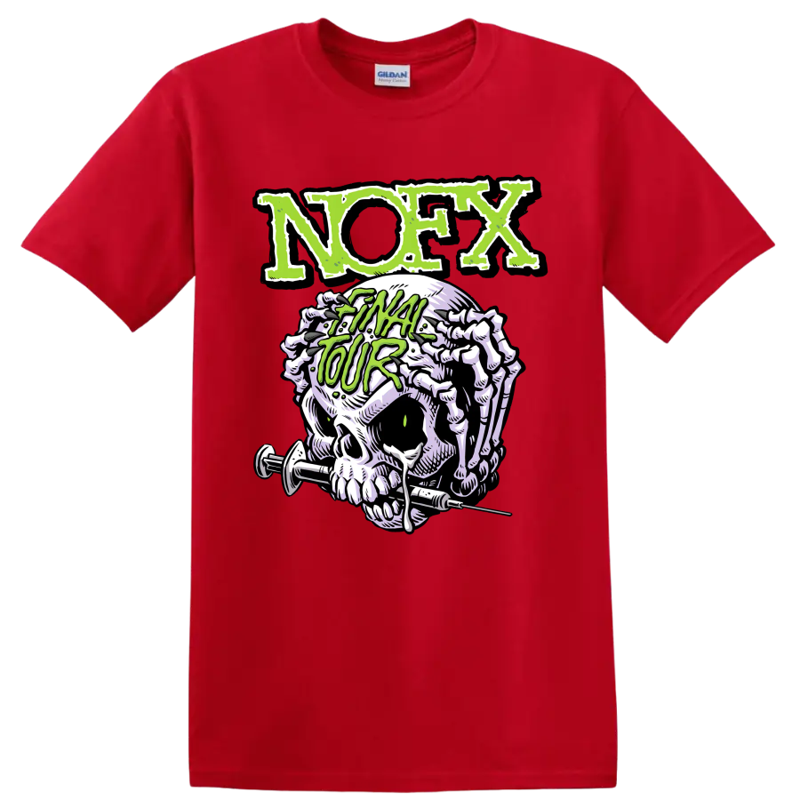 NOFX punk rock skull graphic with distressed green lettering on a Red T Shirt