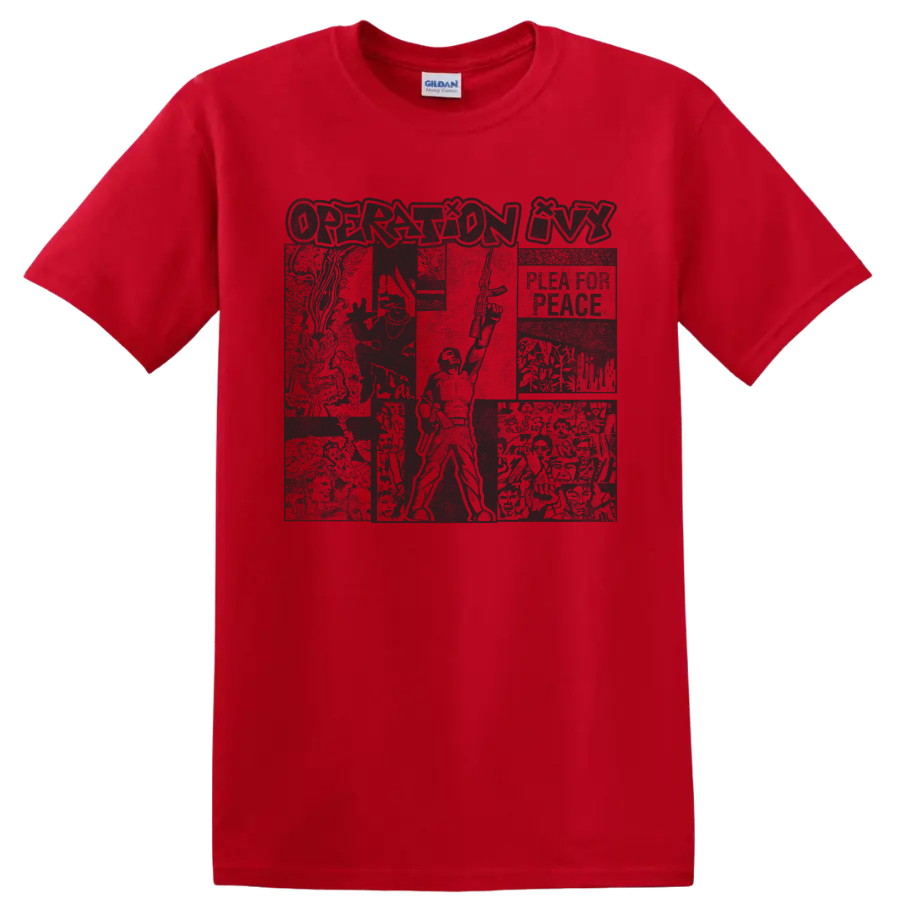 Operation Ivy distressed punk rock collage graphic on a Red T Shirt