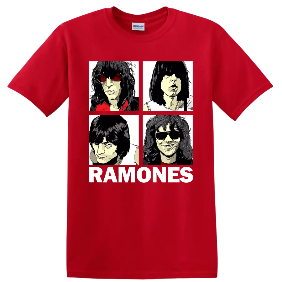Ramones four-panel punk rock portraits with RAMONES lettering on a Red T Shirt