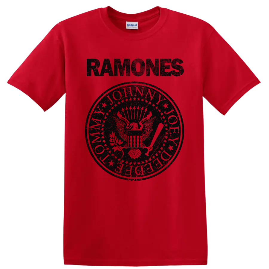 Ramones eagle seal graphic with vintage punk rock lettering on a Red T Shirt