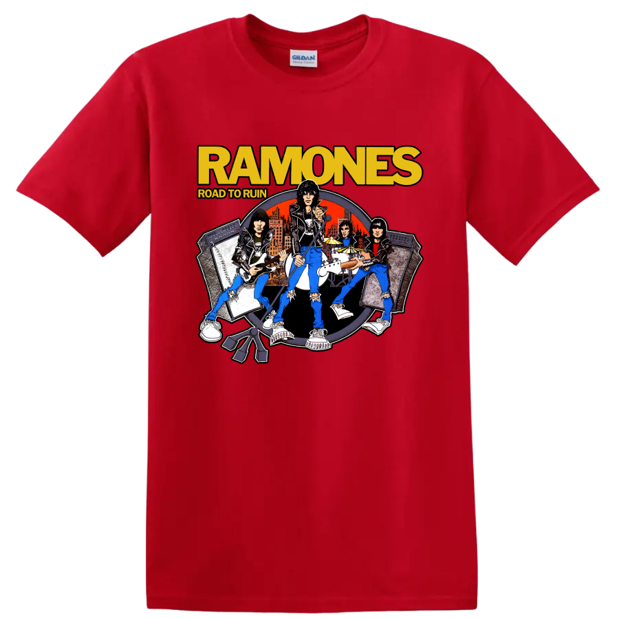 Ramones Road to Ruin illustrated punk rock band graphic print on a Red T Shirt