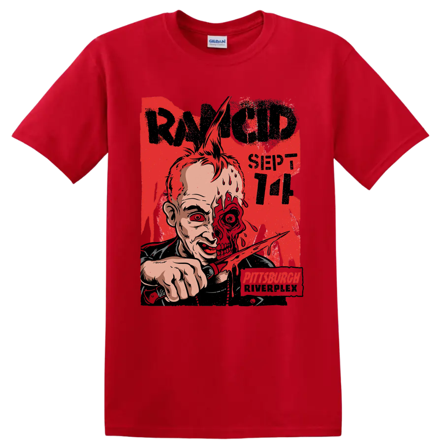 Rancid punk rock distressed half-skull artwork with Pittsburgh lettering on a Red T Shirt