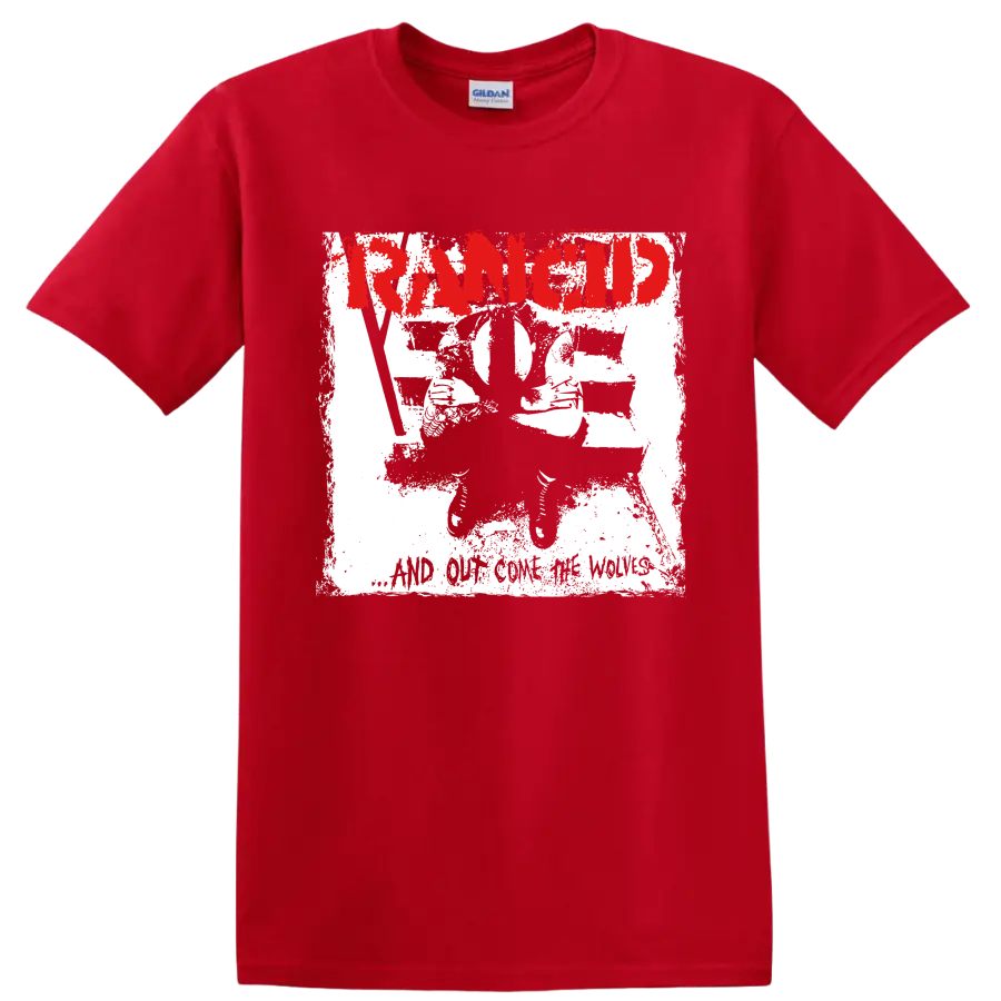 Distressed red Rancid logo with black and white punk artwork on a Red T Shirt