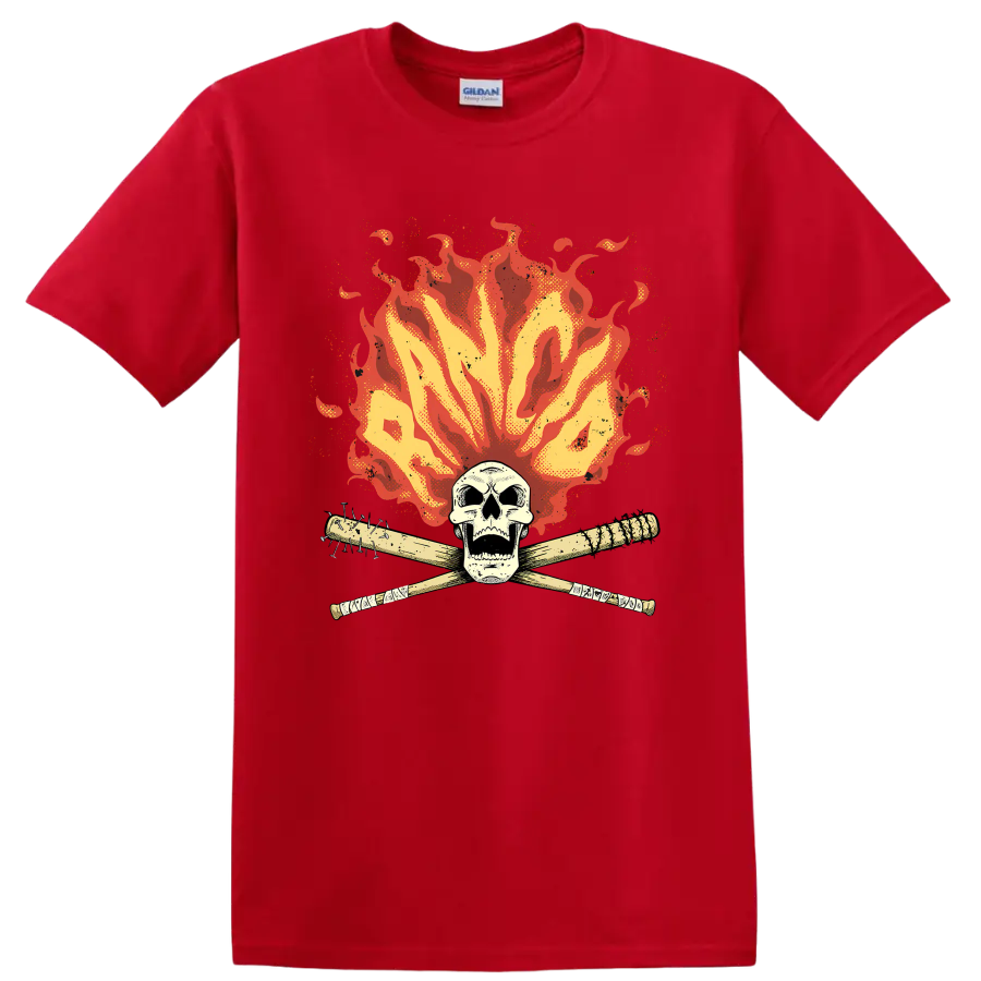 Rancid punk rock skull with crossed bats and distressed flames on a Red T Shirt