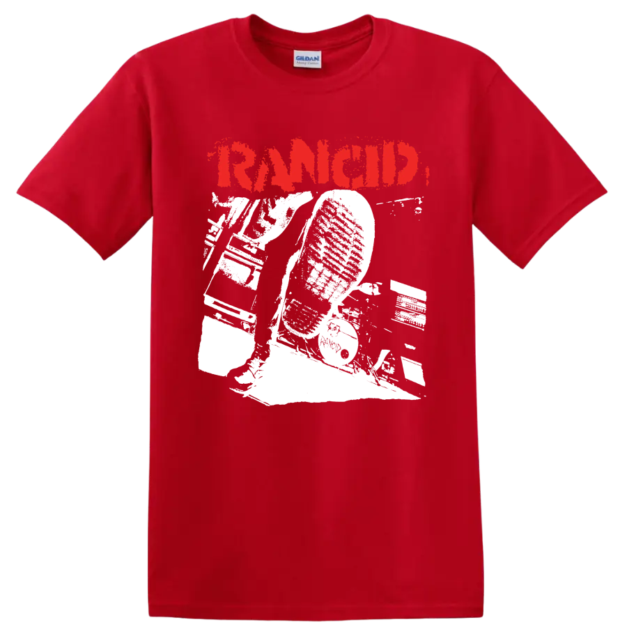 Rancid distressed red logo with bold monochrome punk rock artwork on a Red T Shirt