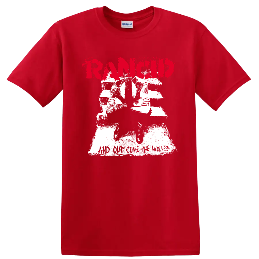 Rancid punk rock graphic with distressed red lettering and white illustration on a Red T Shirt