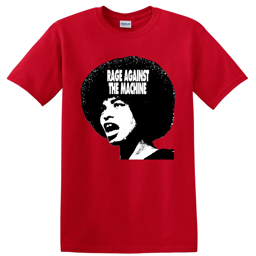 Rage Against the Machine distressed black and white portrait graphic on a Red T Shirt