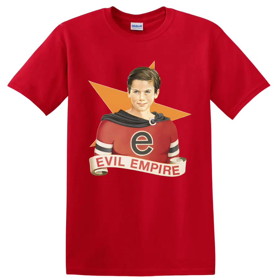 Rage Against the Machine Evil Empire vintage comic-style superhero graphic on a Red T Shirt