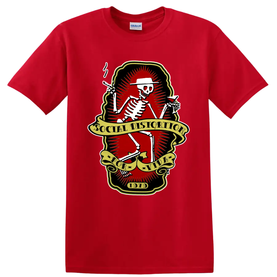 Social Distortion skeleton punk rock band logo with vintage banners on a Red T Shirt