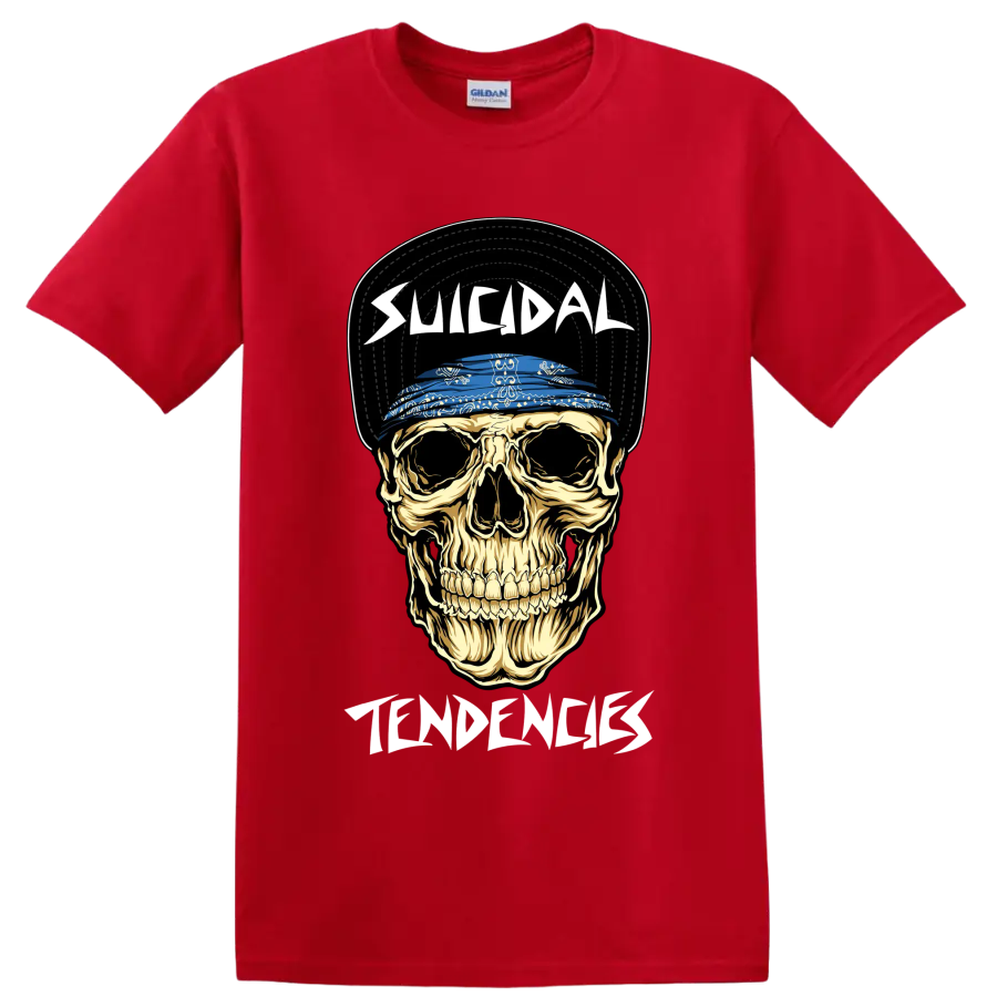 Suicidal Tendencies skull graphic with blue bandana and bold lettering on a Red T Shirt