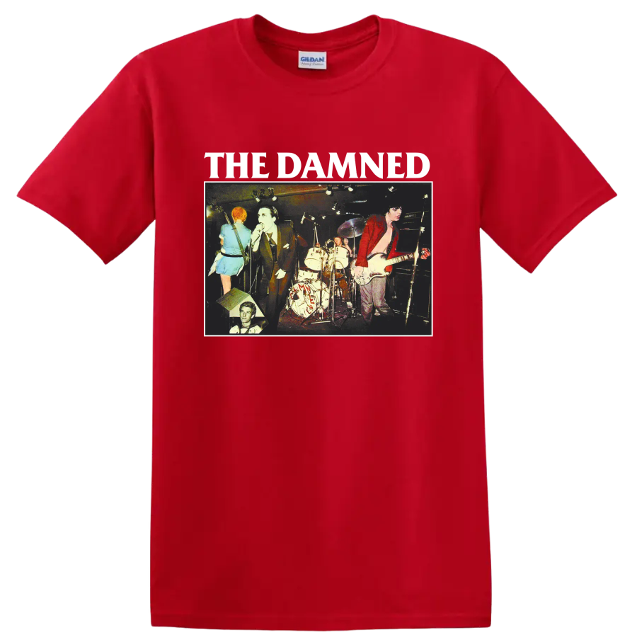 The Damned vintage punk rock live concert graphic with band lettering on a Red T Shirt