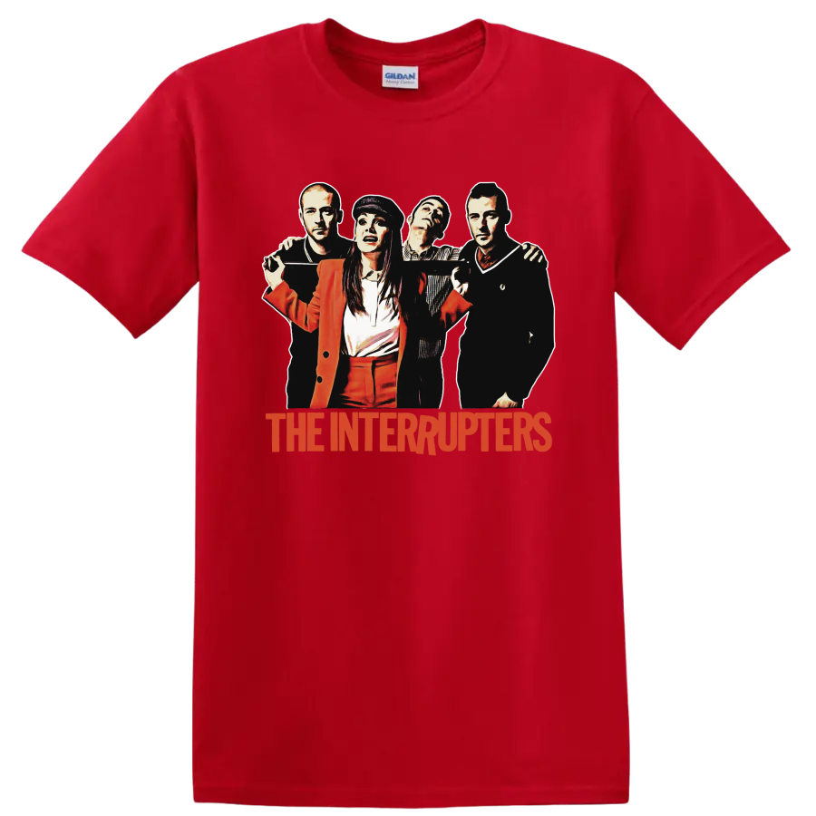 The Interrupters punk rock band portrait with red band name graphic on a Red T Shirt
