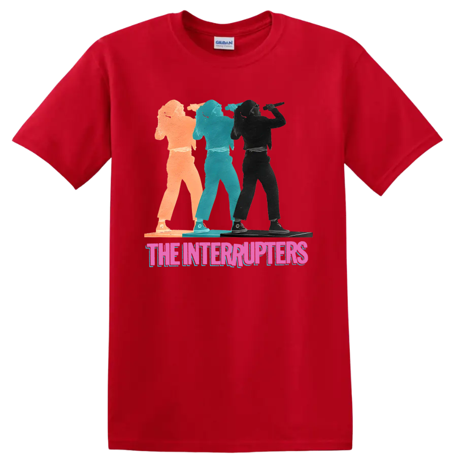 The Interrupters punk rock band graphic with three distressed performer silhouettes on a Red T Shirt