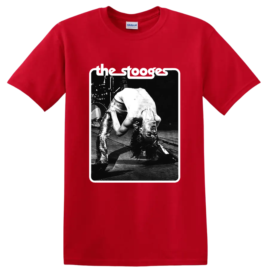 The Stooges black-and-white punk rock live performance graphic on a Red T Shirt
