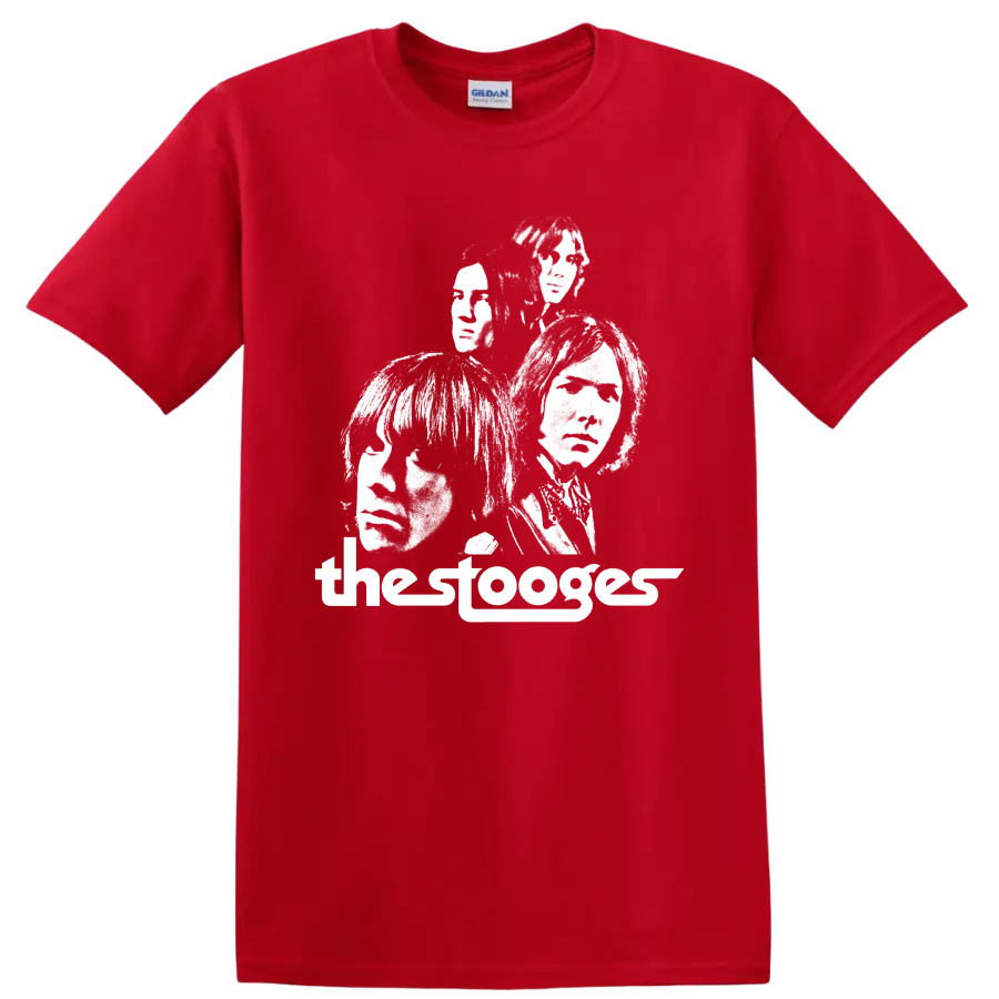 The Stooges high-contrast punk rock band portrait graphic on a Red T Shirt