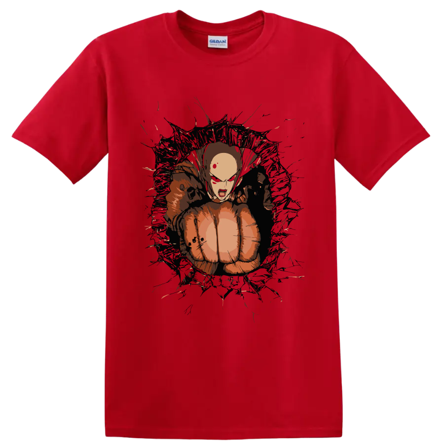 Saitama in a distressed anime action graphic from One-Punch Man on a Red T Shirt