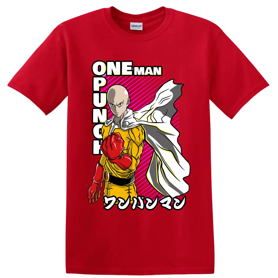 Saitama One-Punch Man action graphic with red glove, flowing cape, and magenta stripes on a Red T Shirt