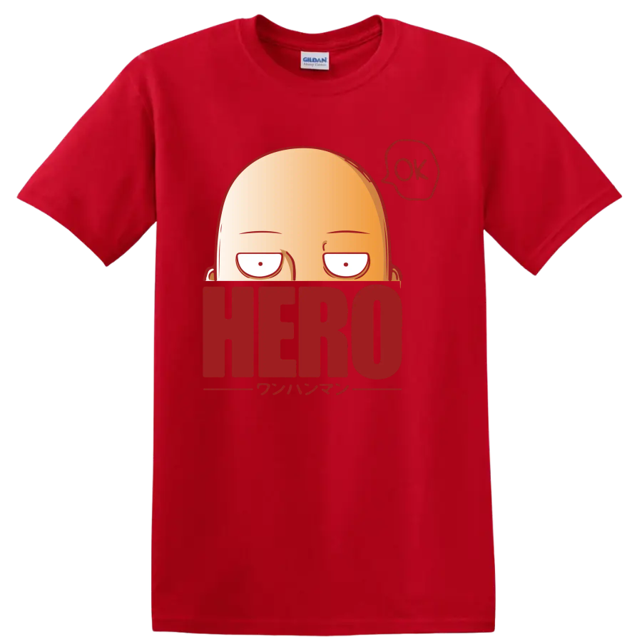 Saitama peeking over HERO lettering in a bold One-Punch Man cartoon graphic on a Red T Shirt
