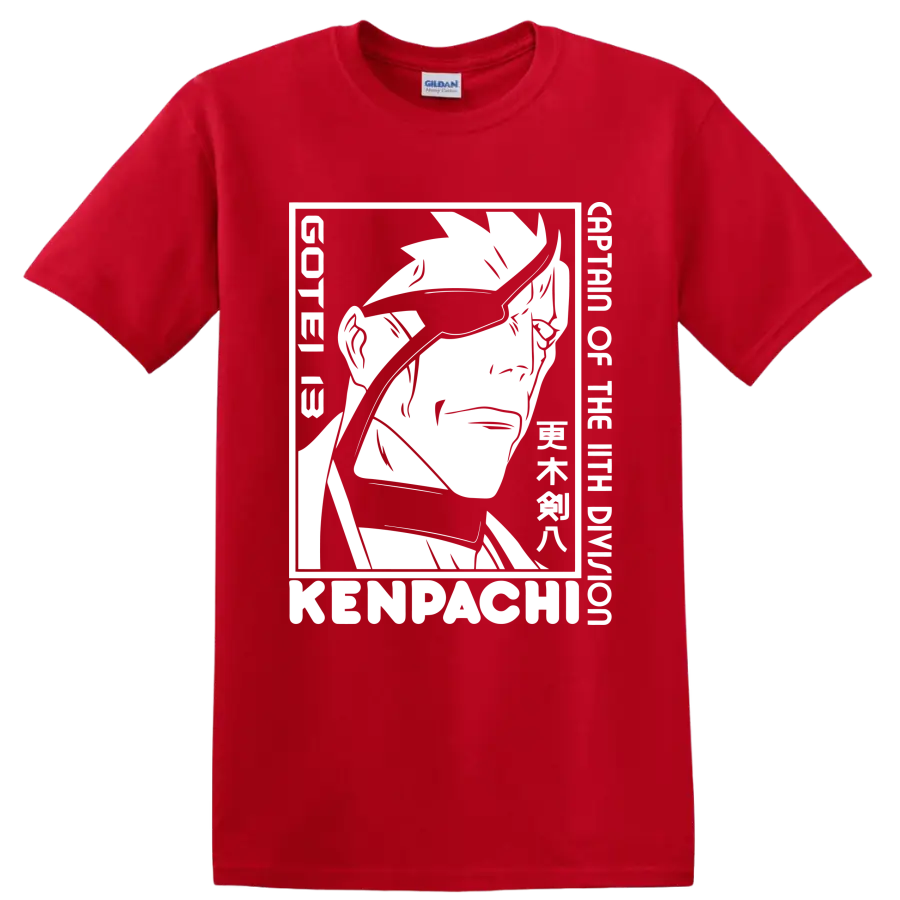 Kenpachi Zaraki black-and-white manga-style swordsman portrait graphic on a Red T Shirt