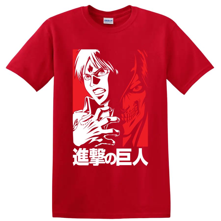 Eren Yeager and Attack Titan split-profile anime graphic on a Red T Shirt