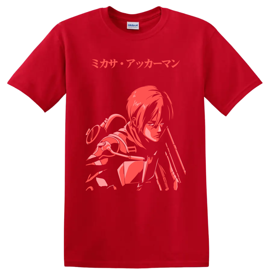 Mikasa Ackerman Attack on Titan red and pink anime action graphic with Japanese text on a Red T Shirt