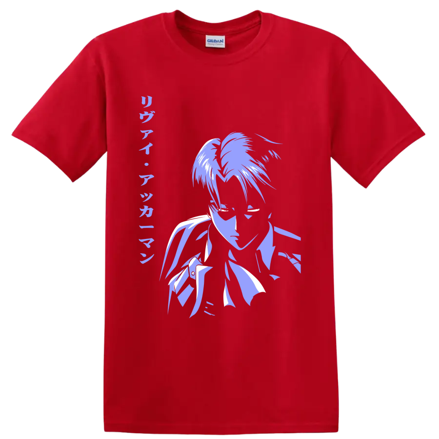 Levi Ackerman lavender and white manga-style portrait graphic from Attack on Titan on a Red T Shirt