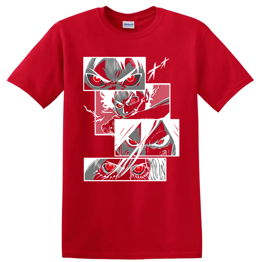 Eren Yeager Attack on Titan manga portrait collage with intense red-eyed faces on a Red T Shirt