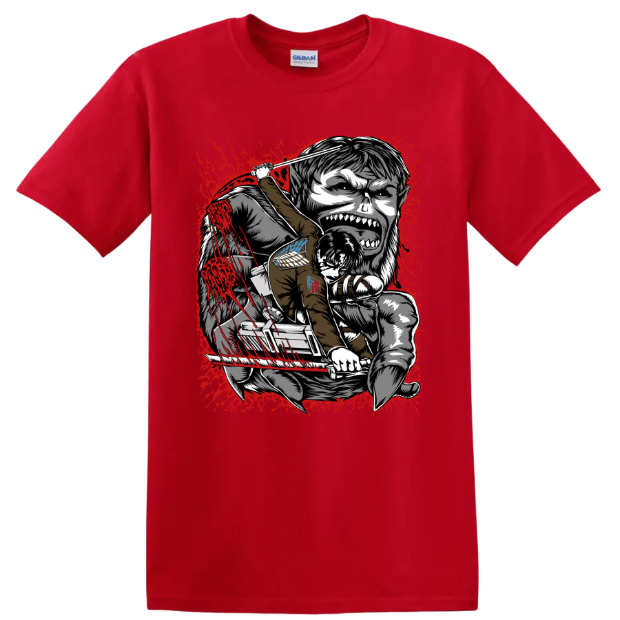 Levi Ackerman battling the Beast Titan in red splatter Attack on Titan manga art on a Red T Shirt