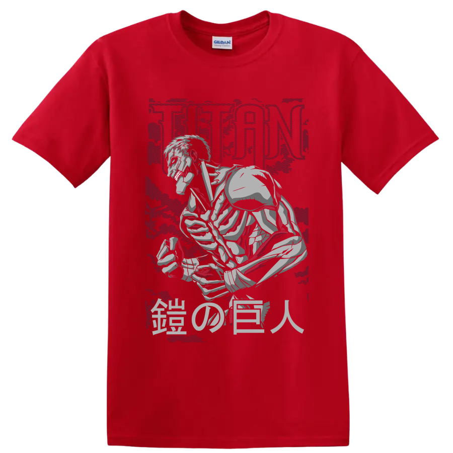 Armored Titan crouching in distressed manga art with TITAN and Japanese characters on a Red T Shirt