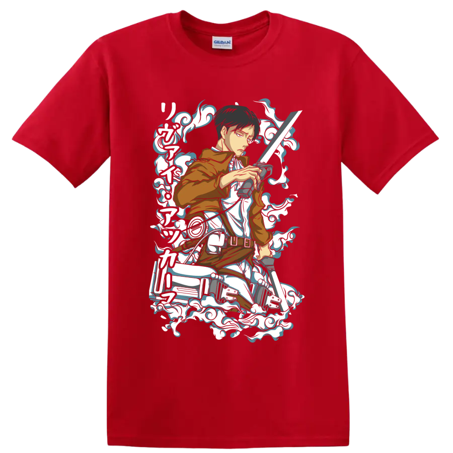 Levi Ackerman Scout Regiment action graphic with blades and swirling smoke accents on a Red T Shirt