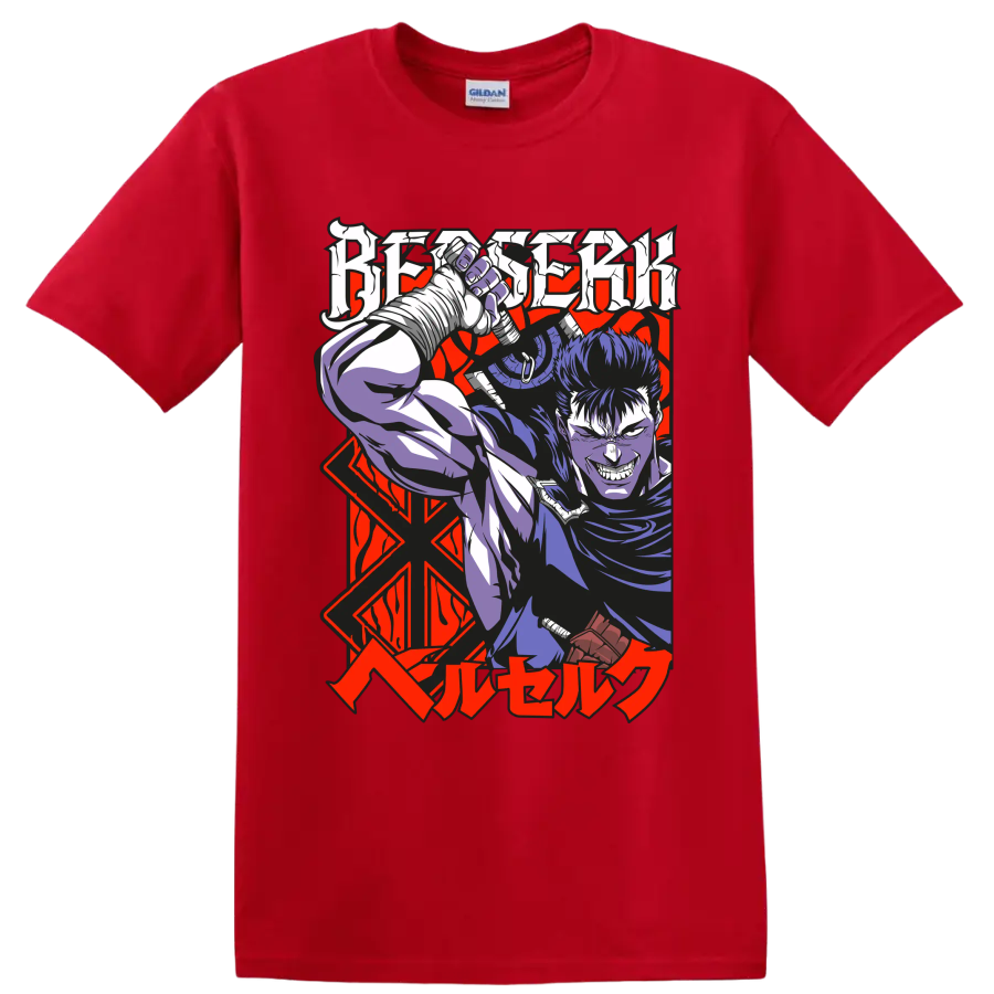 Guts from Berserk wielding a massive sword in bold gothic anime art on a Red T Shirt