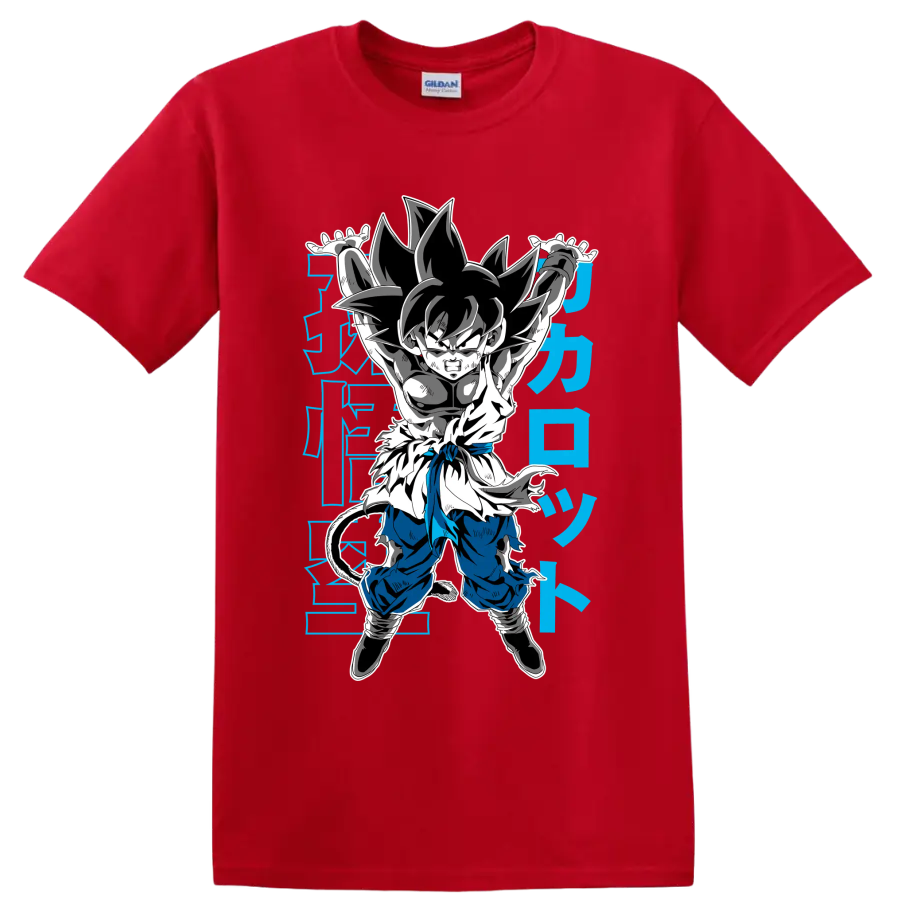 Kid Goku in a Genki Dama-inspired manga action pose with blue Japanese-style characters on a Red T Shirt