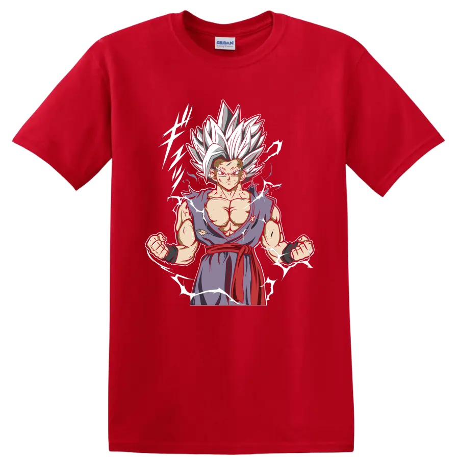 Gohan Beast anime graphic with white hair, torn purple gi, red sash, and energy accents on a Red T Shirt