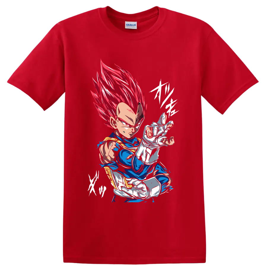 Vegeta Super Saiyan God in a fierce red-haired anime battle pose on a Red T Shirt