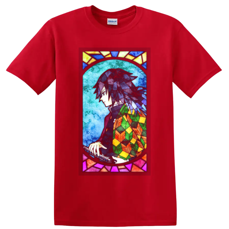 Giyu Tomioka stained-glass-style anime portrait with sword and colorful haori on a Red T Shirt