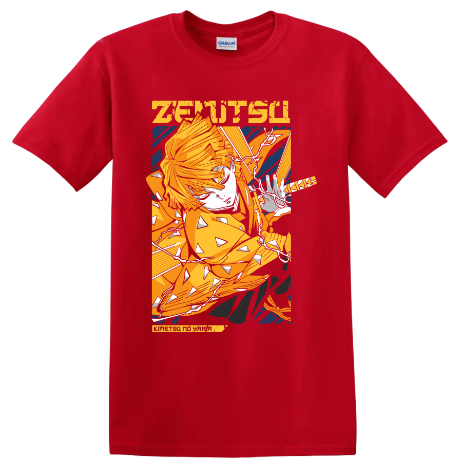 Zenitsu Agatsuma lightning-inspired anime action graphic on a Red T Shirt