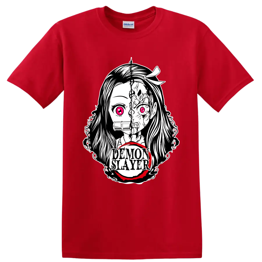 Nezuko Kamado split demon-form manga portrait with bamboo muzzle and Demon Slayer text on a Red T Shirt