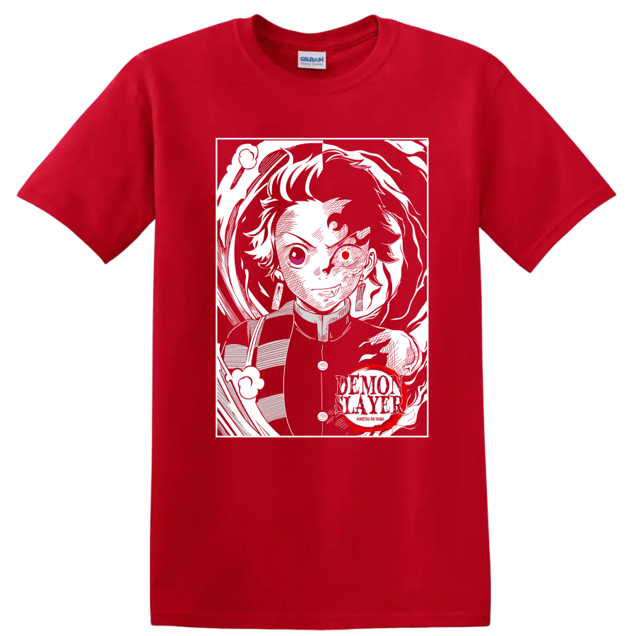 Rui from Demon Slayer in a high-contrast monochrome portrait with red accents on a Red T Shirt