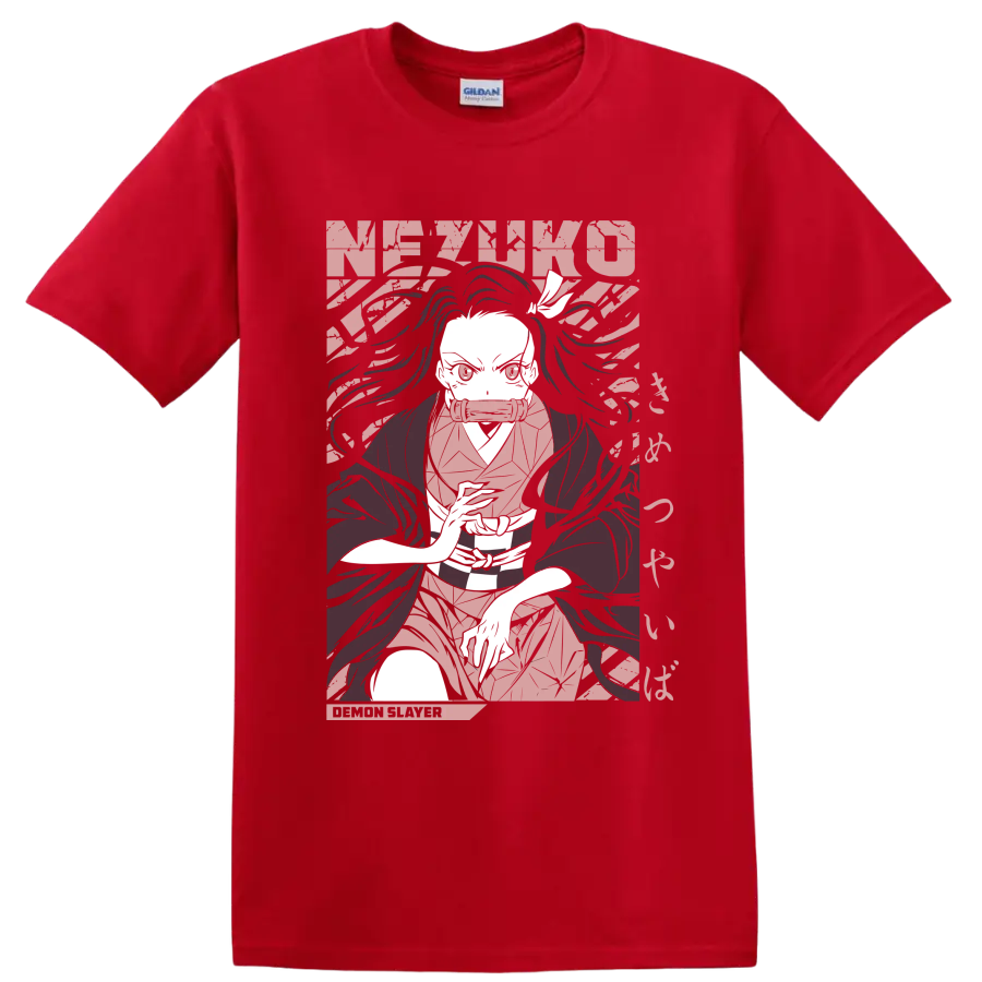 Nezuko Kamado manga-style portrait with flowing hair and bamboo muzzle on a Red T Shirt