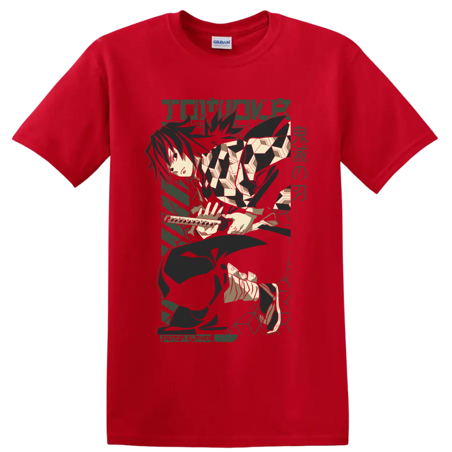 Giyu Tomioka seated with sword in a muted geometric anime graphic on a Red T Shirt