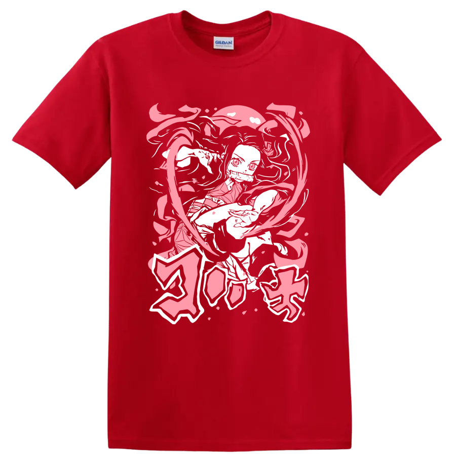 Nezuko Kamado manga-style portrait with pink petals and flowing ribbon shapes on a Red T Shirt