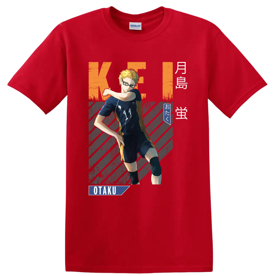 Kei Tsukishima volleyball anime graphic with Karasuno number 11 and OTaku text on a Red T Shirt