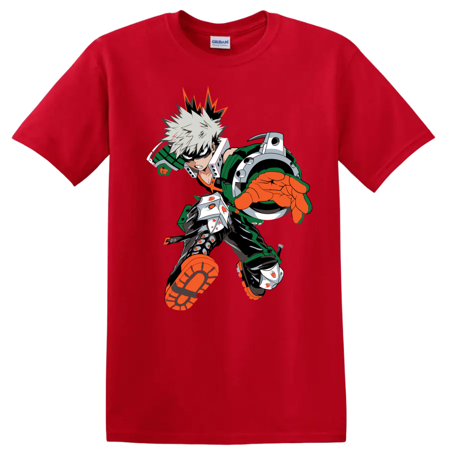 Katsuki Bakugo as Dynamight in a bold forward-charging anime action graphic on a Red T Shirt