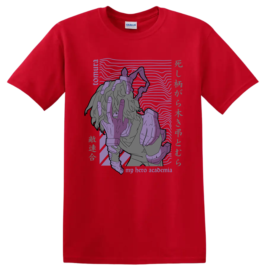 Tomura Shigaraki purple manga-style portrait with signature hand imagery on a Red T Shirt