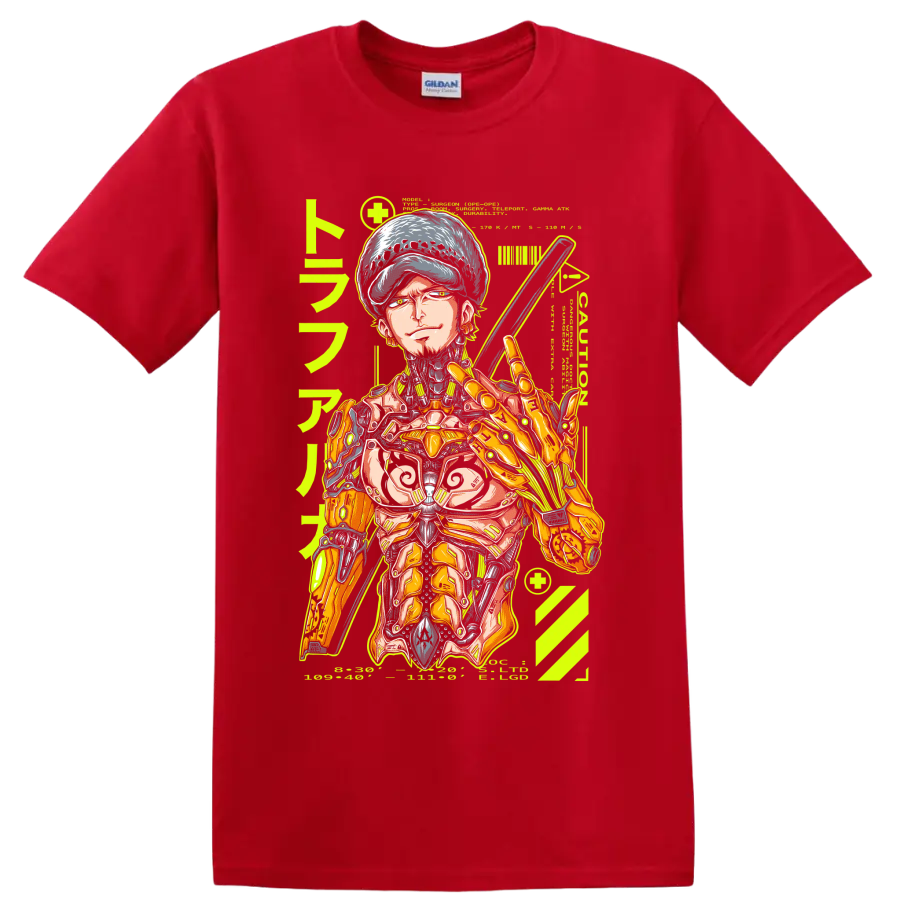 Trafalgar Law cyborg mecha manga graphic with sword and mechanical armor on a Red T Shirt